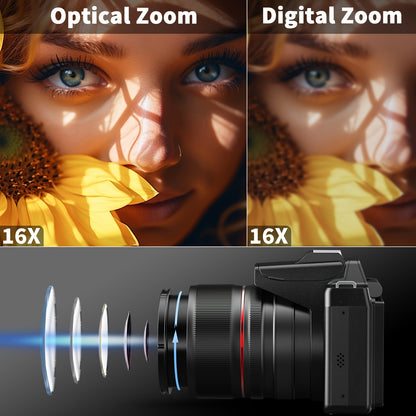 NBD 5K&64MP Digital Cameras for Photography, 16X Optical Zoom Camera with WiFi & App Control, Vlogging Camera with 180°Flipable 3-inch Screen, 2 Batteries, Camera Strap&32GB Card, Lightweight Camera, Wifi Camera, Camera For