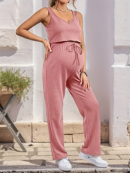 2pcs Pregnant Women's Casual Set, Comfy Sleeveless Shirt & High Waist Tummy Support Drawstring Maternity Pants For Outdoor