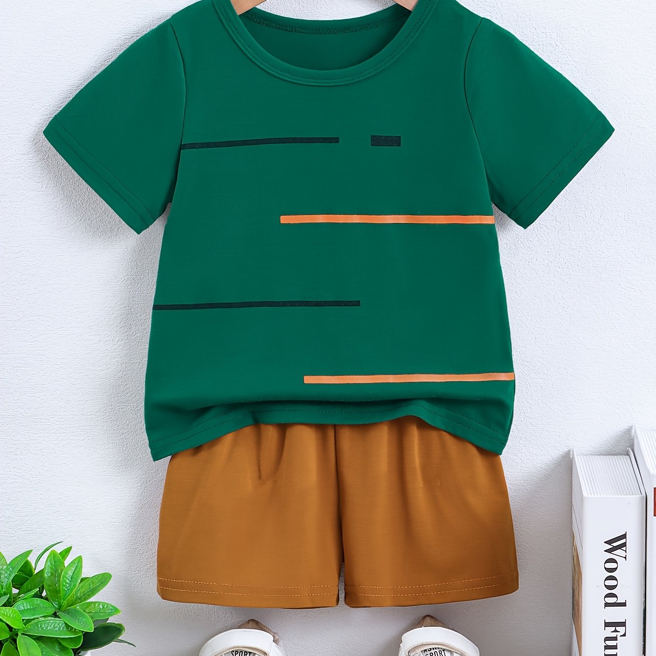 2pcs Set of Boys' Summer Striped Print Round Neck Short Sleeve T-shirt and Casual Shorts