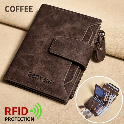 BANYANU Vintage Genuine Leather Wallet for Men - RFID Blocking, 17 Card Slots, Zippered Coin Pocket & Independent Card Holder, Brown, Perfect Father'S Day Gift, Secure Card Storage | Vintage Wallet | Durable Zipper Closure, B