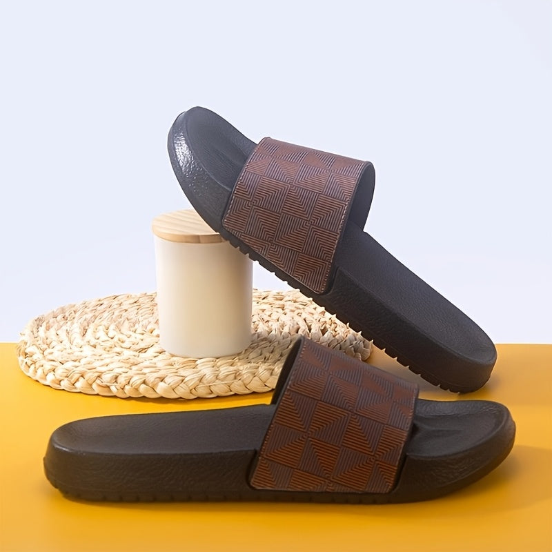 Sandálias de verão tipo slide para homem - Chinelos casuais antiderrapantes com sola macia e estampado geométrico, preto e cinzento, confortáveis ​​para uso interior e exterior.