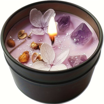 Elegant Lavender Scented Candle in Black Tin - Aesthetic Purple Crystals & Petals Design, Soft Fragrance Natural Soy Wax - Ideal for Relaxation & Home Decor, Perfect Women's Gift, Relaxation Candle|Spa Atmosphere Candle|Black
