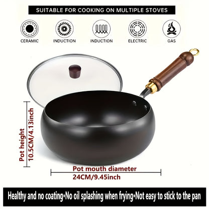 Hand-Forged Large Bellied Iron Wok - Non-Stick Deep Round Frying Pan with Wooden Handle, Heavy-Duty Cast Iron Cookware for Stir-Frying, Braising, Braising Pot, Traditional Cooking Pot, Durable Cooking Pot