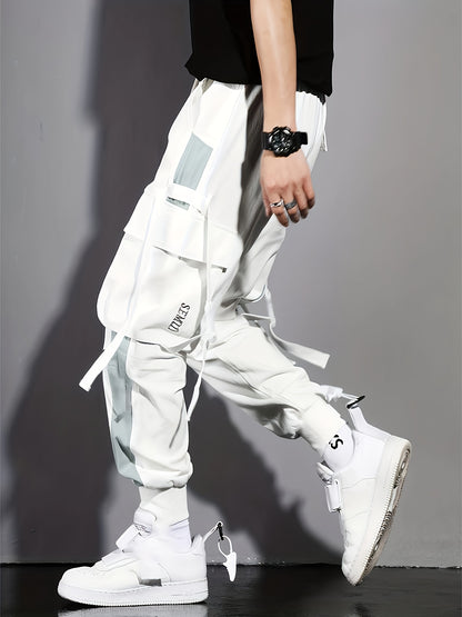 Multi-pocket Ribbon Design, Men's Color Block Cargo, Trendy Comfy Jogger Pants
