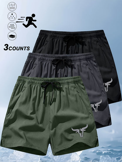3pcs Men'S Breathable Beach Shorts with Pockets - Stylish Bull Head Print, Lightweight Drawstring Swim Trunks, Polyester/Elastic Fabric, Summer Casual Wear, Beachwear Shorts | Fashionable Bull Print | Functional Pockets for S