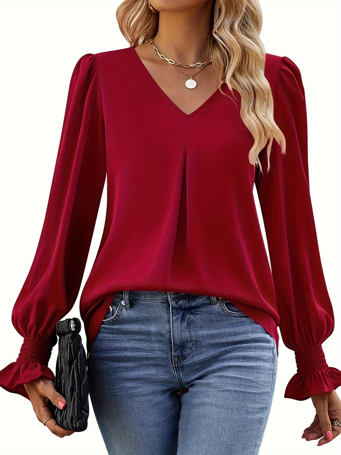 Solid V Neck Simple Blouse, Elegant Long Sleeve Ruched Blouse, Women's Clothing