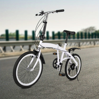 50.8 cm Folding Bicycle Adult Lightweight 6-Speed Height Adjustable Folding Bicycle Adult for Outdoor Cycling Commuting White with Bicycle Circle