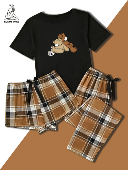Women'S Casual Cartoon Bear & Plaid Pajama Set - Soft, Loose-Fit Short Sleeve Top with Elastic Waistband, Long Pants & Shorts, Cozy Fall/Winter Sleepwear