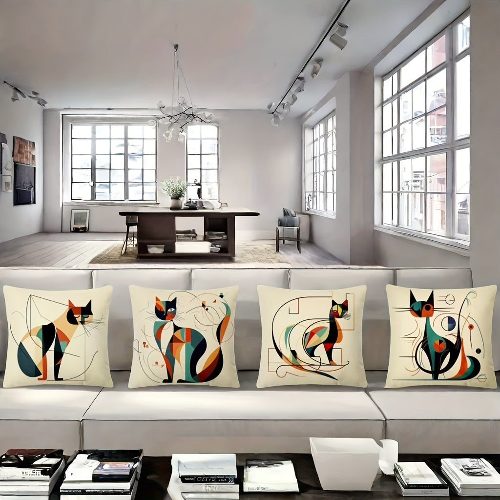 Conjunto de 4 capas de almofada decorativas em linho tecido, com estampa abstrata de gato de Kandinsky, estilo industrial, com fecho, ideais para sofá, quarto, carro e escritório - Laváveis ​​à máquina