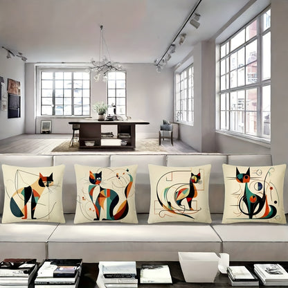 Conjunto de 4 capas de almofada decorativas em linho tecido, com estampa abstrata de gato de Kandinsky, estilo industrial, com fecho, ideais para sofá, quarto, carro e escritório - Laváveis ​​à máquina