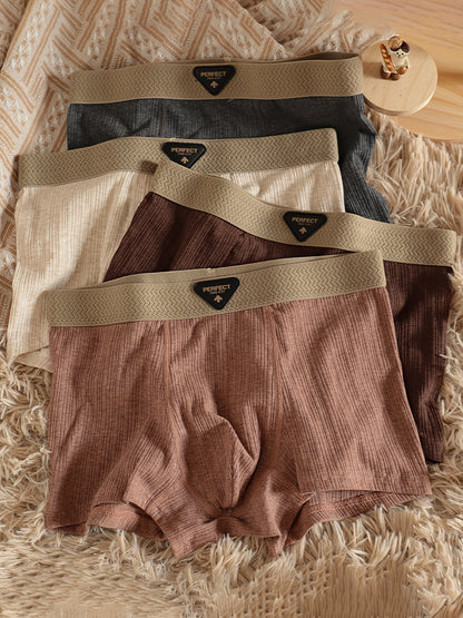 4pcs Men's Cotton Boxer Briefs - Breathable Soft Underwear with Elastic Waistband & Geometric Pattern, Multi-Color (Beige/Navy/Dark Grey/Light Brown) - Plus Size Youth & Adult Casual & Running Shorts - Machine Washable Light