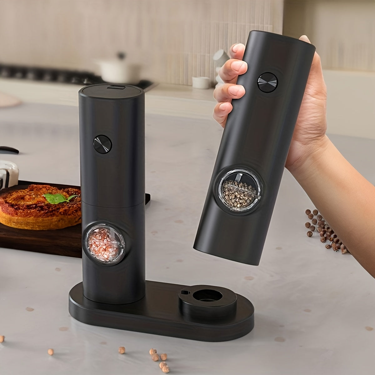 2pcs Electric Salt and Pepper Grinder Set with Adjustable Coarseness/Fineness, One-Touch Operation, (/Battery), Compact Base & Portable with ABS Housing & Black/White Design, Ideal Gift