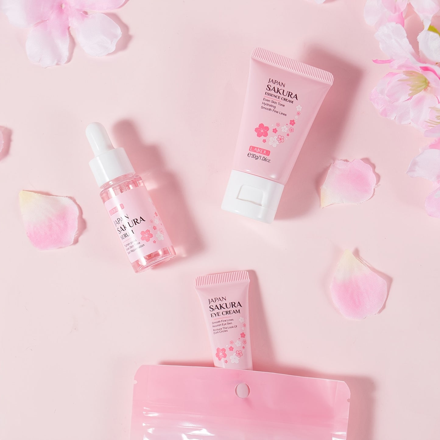 3pcs Set LAIKOU Japanese Cherry Blossom Skin Care Set 3 Piece Serum Liquid Eye Cream Face Cream Skin Care Kit Gifts