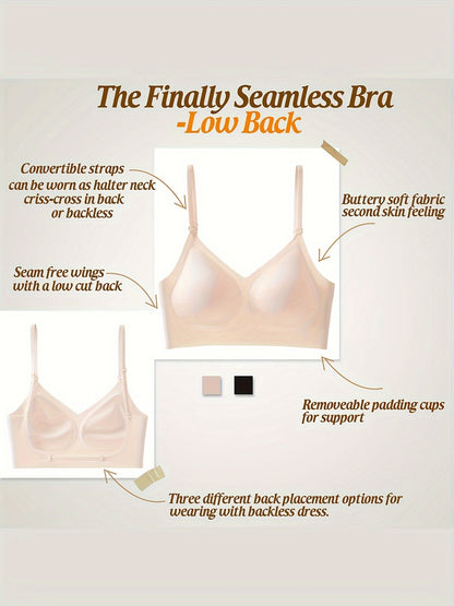 Women's Wireless Sports Bra With Flat Convertible Straps, Seamless Invisible Edge, And Ultra Low-Back Design, Adjustable Fit