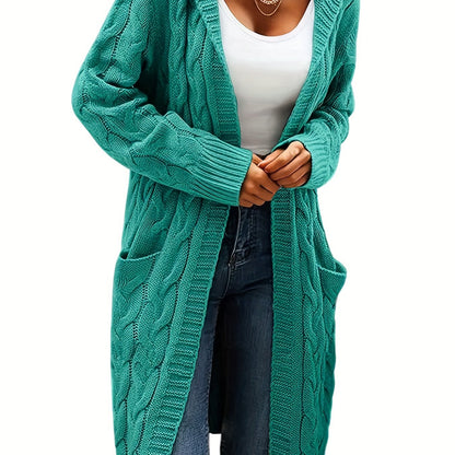 Women's Mid-Length Hooded Cardigan - Soft Stretchy Solid Color Long Sleeve Open Front Sweater with Pockets, Machine Washable Casual Elegance for Fall Winter, Everyday Comfort Wear, Stylish Hooded Design, Comfortable Fit