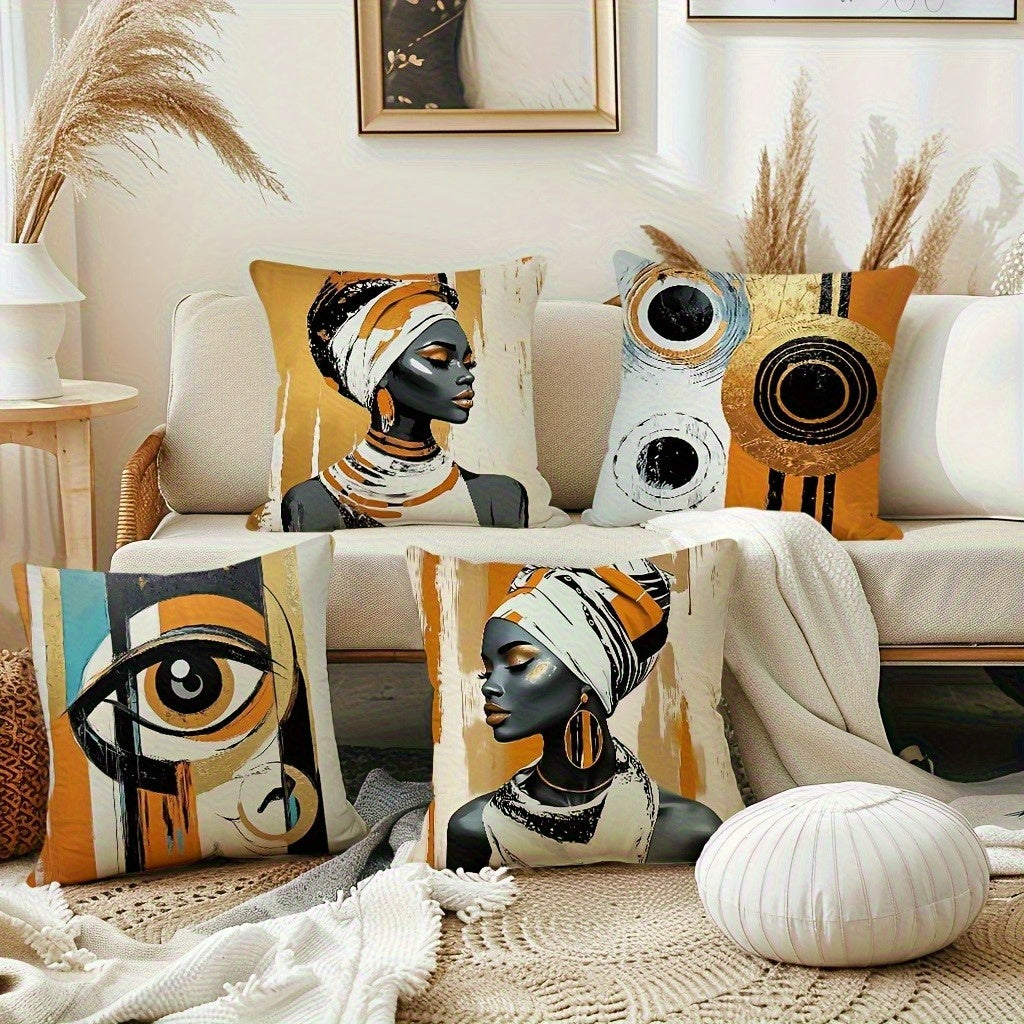 4pcs African Art Throw Pillow Covers Set - Stylish Home Decor with One-Sided Print, Square Polyester Cushion Covers, Modern Sofa Decorative Pillowcases