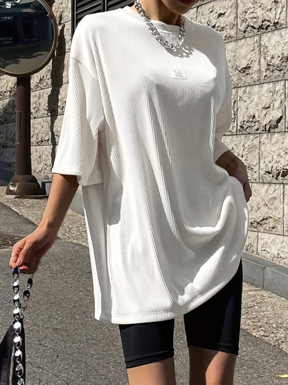 Oversized Drop Shoulder Ribbed T-Shirt, Casual Crew Neck Short Sleeve T-Shirt For Spring & Summer, Women's Clothing