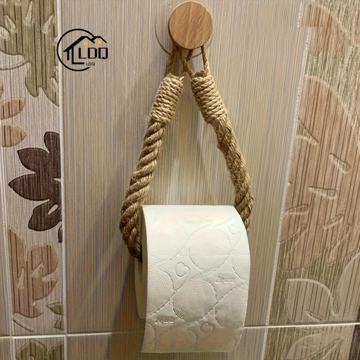1pc LDQ Hemp Rope Paper Towel Holder, Solid Wood Rope Weaving, Fragrance-Free Fabric Towel Storage Rack, Creative No-Punch Wall-Mounted Roll Paper Holder