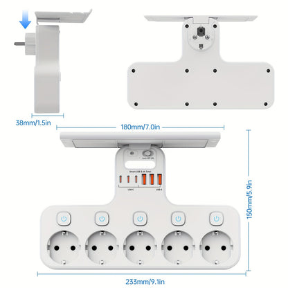 11-in-1 5 Independent Switch Power Socket EU Standard Plug Wall Socket 6 USB (3 Type-C) Solve Your Power Not Enough Trouble Independent Control Smart Sensor Night Light Can Install Mobile Phone Baffle Bracket