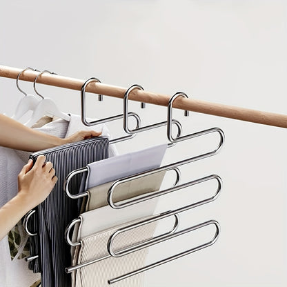 5-Tier Stainless Steel S-Shaped Pants Hanger - Non-Slip, Space-Saving Multi-Layer Jeans and Trousers Organizer with Polished Finish, Durable Metal Wardrobe Storage Solution for Neat Closet Organization