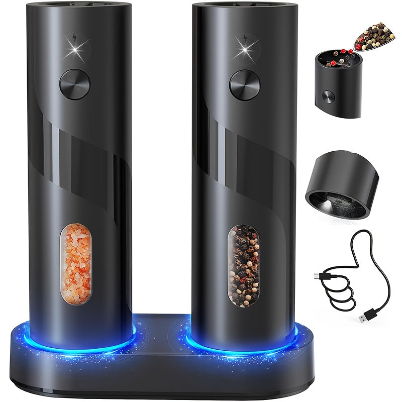 Two-piece portable electric pepper and salt grinder set, with base, USB charging, one-handed operation, adjustable coarseness, 300mAh battery capacity, interchangeable design, essential kitchen helper for cooking, perfect too
