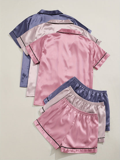 3 Sets Satin Pajama Set, Short Sleeve Lapel Top & Elastic Waistband Shorts, Women's Sleepwear & Loungewear