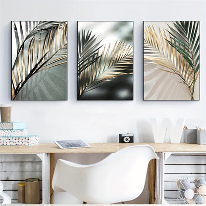 3pcs Nordic Botanical Wall Art - Golden Palm Leaf Plant Canvas Painting - Scandinavian Decoration - Home Decor - No Frame
