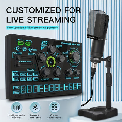 Podcast Live Broadcast Kit, SX91 Live Sound Card + BM800 Podcast XLR Condenser Microphone, Professional Mixing Equipment Set, Ideal for Gaming, Live Broadcasting, Recording Streaming Podcasts, Video Studio, Compatible with La