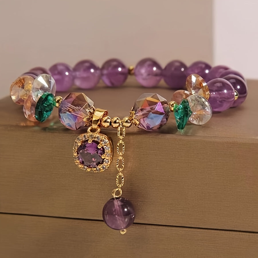 Classic Amethyst Bead Bracelet Featuring Cubic Zirconia, Non-Coated Fashion Jewelry for Women - Perfect for Everyday Use And Gifting
