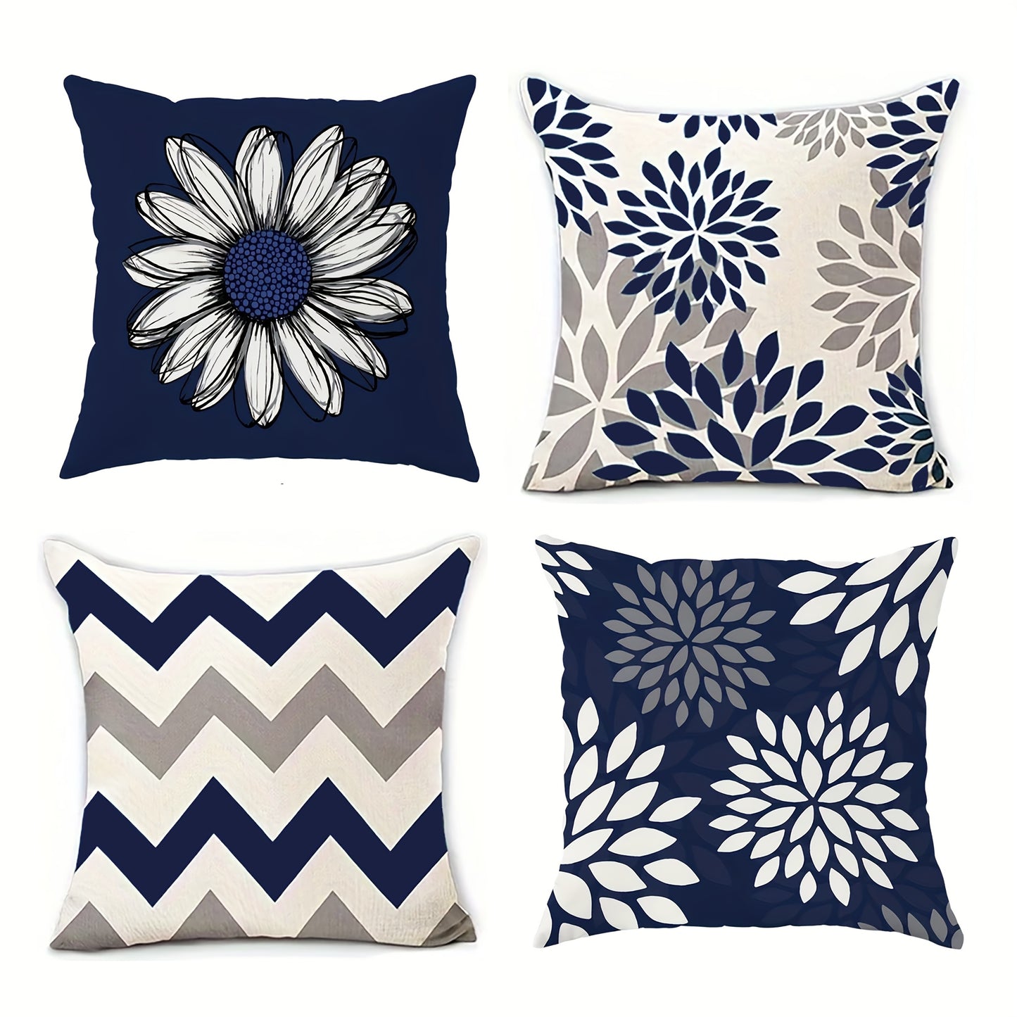 Conjunto de 4 capas de almofada modernas em veludo com estampado geométrico e floral - Azul e branco suave, fecho de correr, poliéster lavável à máquina, perfeitas para decoração de sala de estar e quarto - Inclui 2 almofadas grandes, 1 média e 1 pequena.
