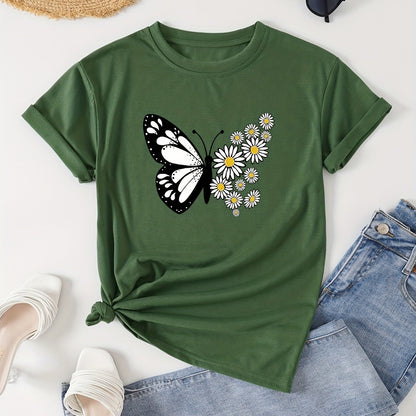 Women's Casual Butterfly & Daisy Floral Print Round Neck T-Shirt - Olive Green, Machine Washable, Regular Fit for Casual Attire, Allseason Fashion, Relaxed Style, Nontransparent Fabric