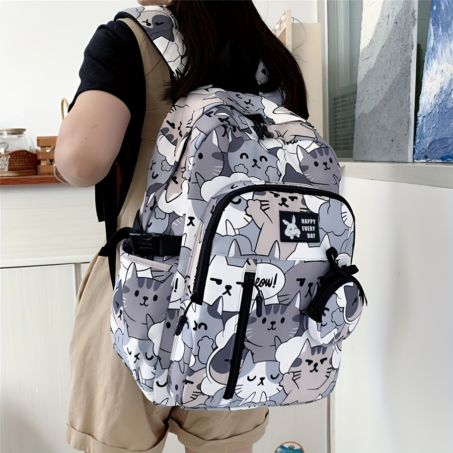 Casual Fashion Cartoon Cats Print Knapsack With Adjustable Strap And Large Capacity, Zip Up, Trendy Backpack For Travel And School