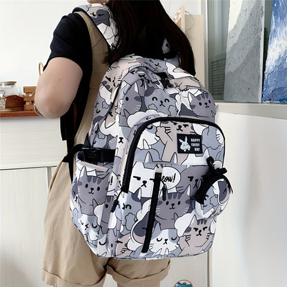 Casual Fashion Cartoon Cats Print Knapsack With Adjustable Strap And Large Capacity, Zip Up, Trendy Backpack For Travel And School