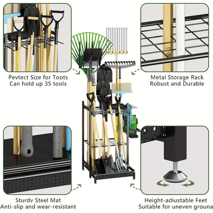 Faridabio Heavy-Duty Metal Garden Tool Organizer with Hooks - Multi-Tiered Utility Storage Rack for Long-Handled Tools, Broom, Shovel, Rake - Sturdy Outdoor Patio Storage Rack, Black (Assembly Required)