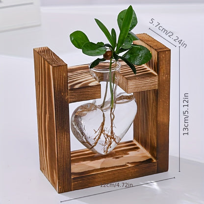 1 Pack, Hydroponic Plant Terrarium Love Heart Vase With Wooden Stand, Indoor Hydroponic Plant Propagation Station For Home Office Garden Decoration, Gift For Flower Pot Lovers