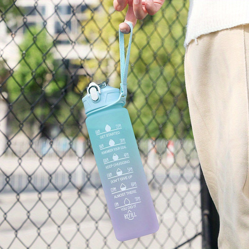 750ml Motivational Gradient Water Bottle With Time Marker And Straw - Leakproof Sports Water Cup For Outdoor Activities, Running, Fitness, Hiking, And Camping - BPA-Free Plastic, 32 Oz.