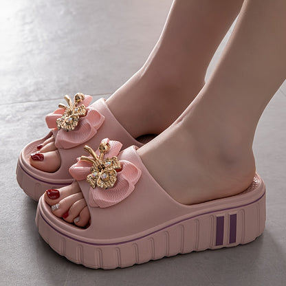 Women'S Elegant Floral Embellished Slide Sandals - Summer 2025 Collection, Non-Slip, Odor-Resistant, Durable Beach Shoes with Thick Cushioned Sole for Indoor/Outdoor Comfort, Indoor Slippers | Floral Embellished Sandals | EVA