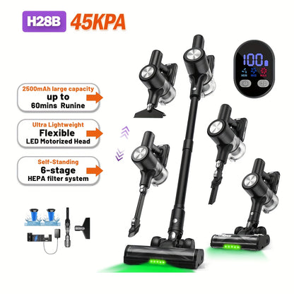 Cordless Vacuum Cleaner, 45KPA Self-Standing Vacuum Cleaner for Home, Stick Vacuum with 60 Mins Runtime, Wall Mount Charging, LED Display, Upgraded Green Light & Anti-Tangle Floor Brush for Pet Hair, Carpet & Hard Floors