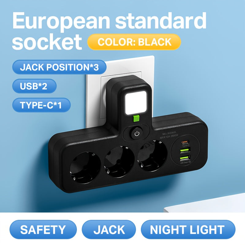 European Plug USB Adapter with 2 USB Ports, 1 C-Shaped Independent Switch, No-Blocking Compact Design, 10A 2500W, Suitable for Home Office Kitchen, Modern Plug Design, Durable Power Outlet