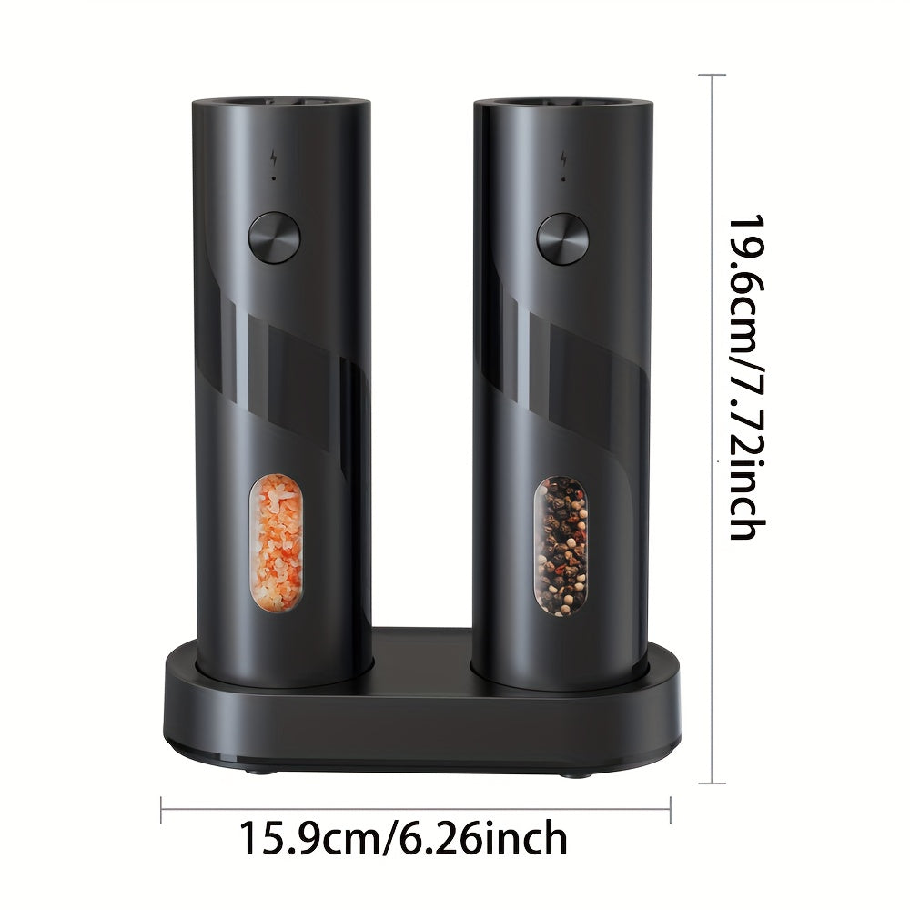 Two-piece portable electric pepper and salt grinder set, with base, USB charging, one-handed operation, adjustable coarseness, 300mAh battery capacity, interchangeable design, essential kitchen helper for cooking, perfect too
