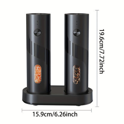 Two-piece portable electric pepper and salt grinder set, with base, USB charging, one-handed operation, adjustable coarseness, 300mAh battery capacity, interchangeable design, essential kitchen helper for cooking, perfect too