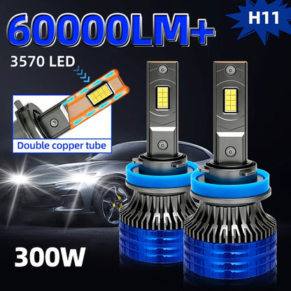 2pcs H4 H7 Car Bulb LED Headlights With 300W High Power 60000LM, Compatible with Canbus And Various Models Including  H1, H11 H8 H9, HB3 9005, HB4 9006, 12V 24V, Featuring Turbo Lamp at 6000K for Vehicles, Without Battery