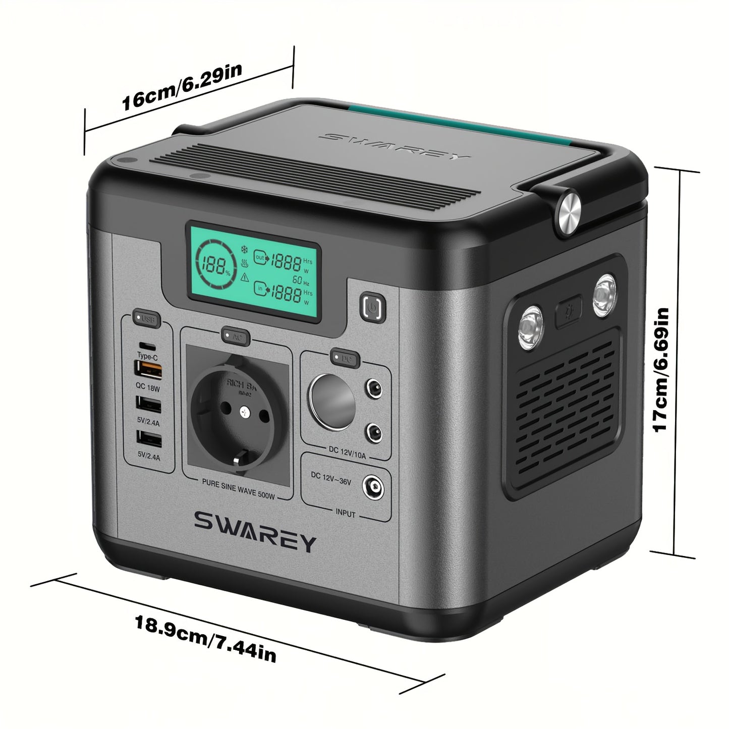 SWAREY Portable Power Bank, Power Station 518 Wh, Solar Generator 500 W AC Output, 65 W USB-C Port, Power Generator Battery for Party, Travel, Camping, Motorhome, Emergency