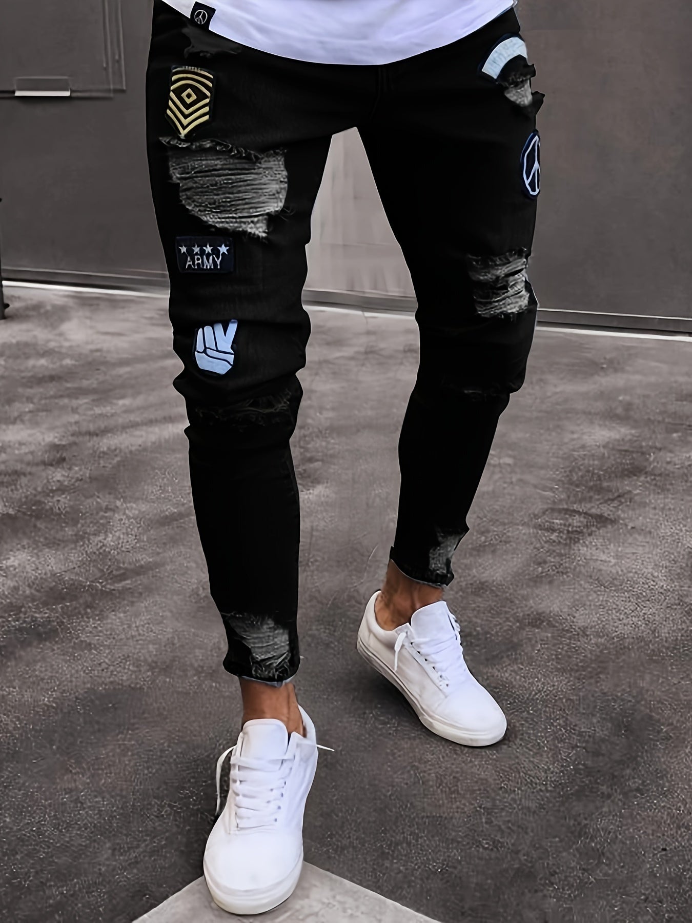 Men Fashion White Ripped Distressed Destroyed Washed Denim Jeans Ripped Slim Fit Wild Jeans White Denim Pants