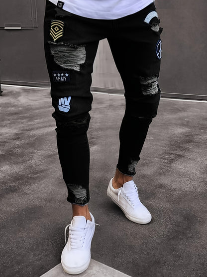 Men Fashion White Ripped Distressed Destroyed Washed Denim Jeans Ripped Slim Fit Wild Jeans White Denim Pants