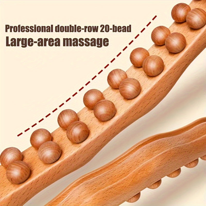 Double Row 20 Beads Carbonized Massage Stick - High Quality Wooden Meridian Roller, Suitable for the Whole Body, Professional Abdominal Gua Sha Tool, Health Care Massage Tool, Suitable for Waist/Abdomen/Legs/Hands/Back Body S
