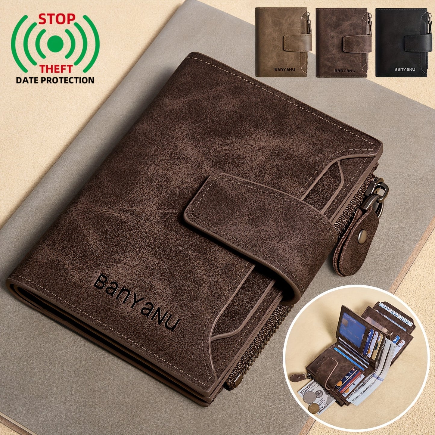 BANYANU Vintage Genuine Leather Wallet for Men - RFID Blocking, 17 Card Slots, Zippered Coin Pocket & Independent Card Holder, Brown, Perfect Father'S Day Gift, Secure Card Storage | Vintage Wallet | Durable Zipper Closure, B