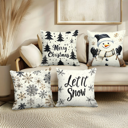 Set of 4 Christmas Throw Pillow Covers - Contemporary Style, 45.72x45.72 cm, Zipper Closure, Machine Washable, Polyester Decorative Pillowcases for Living Room, Holiday Snowman & Tree Design, Woven Fabric, Pillow Insert Not I