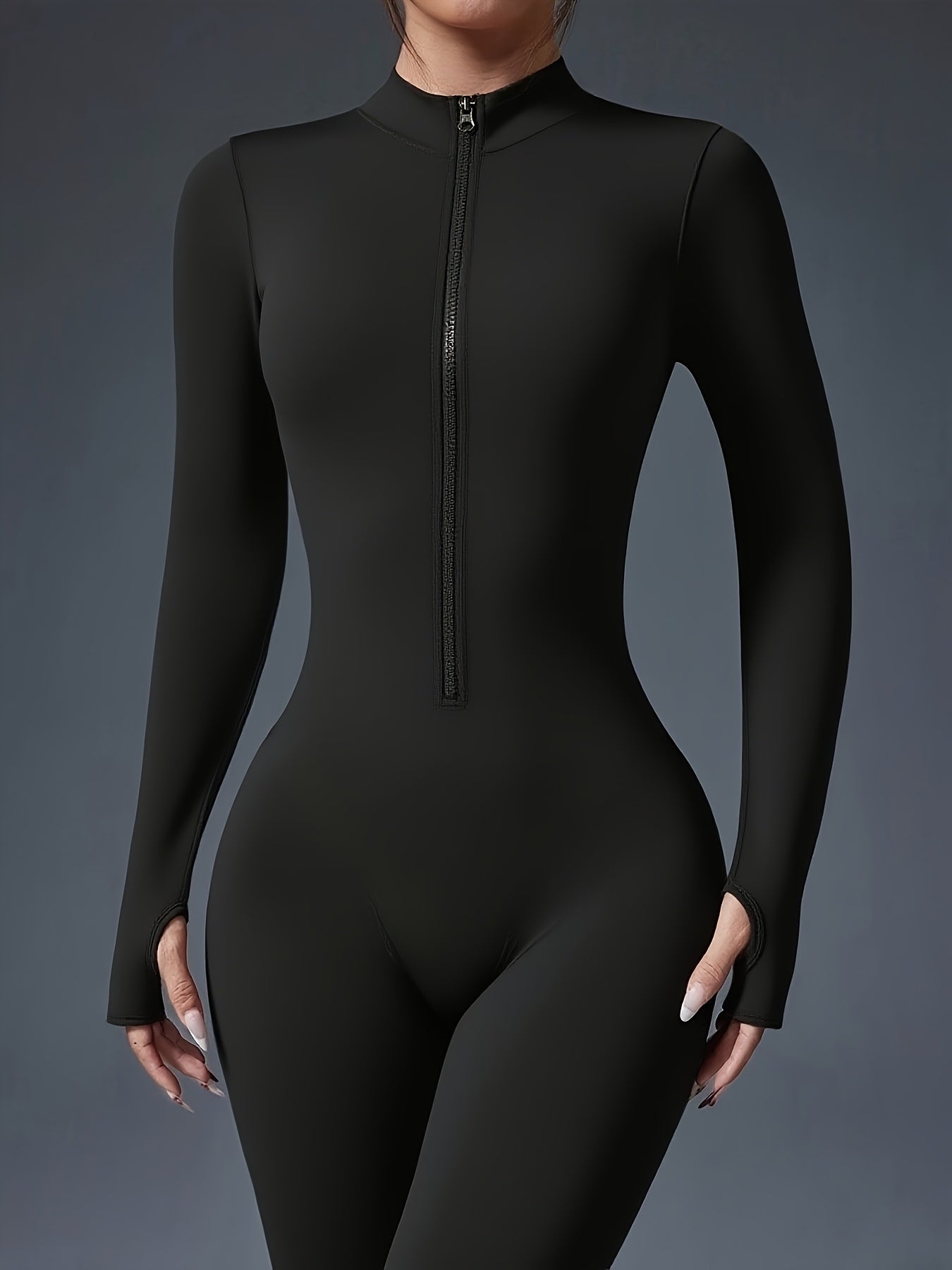 Women's Full-Length Zipper Jumpsuit - Full-Body Compression-like Fit (Tummy Control) - High-Elasticity Slim-Fit Long Sleeve Athleisure Suit for,, Dance - All-Season Outfit ( swear) - Easy-Care (No Bulk) -