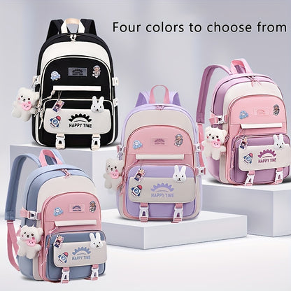 Chic Nylon Backpack for Girls - Cute Cartoon Design, Adjustable Straps, Lightweight backpack, Perfect for Elementary to High School Students